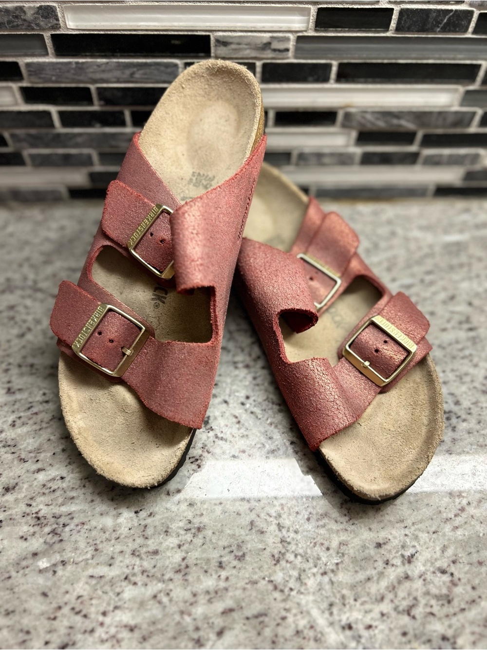 Birkenstock Double Buckle Suede Slide Sandals-Dusty Rose metallic size 8 NWOB